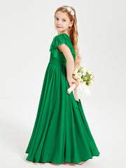 Chiffon Junior Bridesmaid Dresses with Lace Flutter Sleeves Emerald
