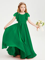 Chiffon Junior Bridesmaid Dresses with Lace Flutter Sleeves Emerald