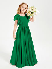 Chiffon Junior Bridesmaid Dresses with Lace Flutter Sleeves Emerald