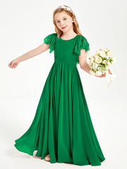 Chiffon Junior Bridesmaid Dresses with Lace Flutter Sleeves Emerald