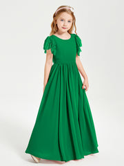Chiffon Junior Bridesmaid Dresses with Lace Flutter Sleeves Emerald
