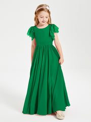 Chiffon Junior Bridesmaid Dresses with Lace Flutter Sleeves Emerald