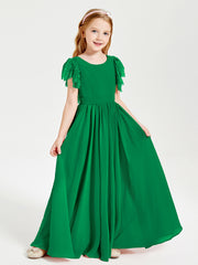 Chiffon Junior Bridesmaid Dresses with Lace Flutter Sleeves Emerald