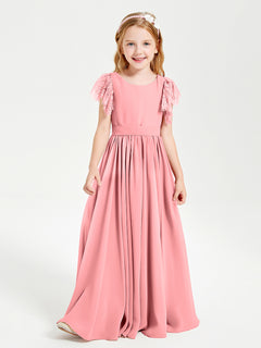 Chiffon Junior Bridesmaid Dresses with Lace Flutter Sleeves Flamingo