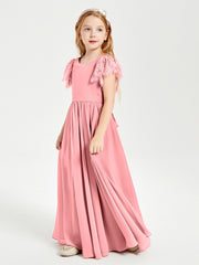 Chiffon Junior Bridesmaid Dresses with Lace Flutter Sleeves Flamingo