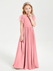 Chiffon Junior Bridesmaid Dresses with Lace Flutter Sleeves Flamingo
