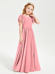 Chiffon Junior Bridesmaid Dresses with Lace Flutter Sleeves Flamingo