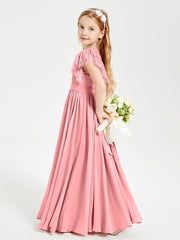 Chiffon Junior Bridesmaid Dresses with Lace Flutter Sleeves Flamingo