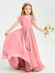 Chiffon Junior Bridesmaid Dresses with Lace Flutter Sleeves Flamingo