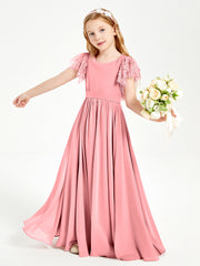 Chiffon Junior Bridesmaid Dresses with Lace Flutter Sleeves Flamingo