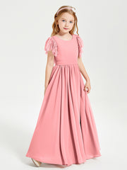 Chiffon Junior Bridesmaid Dresses with Lace Flutter Sleeves Flamingo