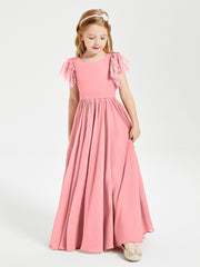 Chiffon Junior Bridesmaid Dresses with Lace Flutter Sleeves Flamingo
