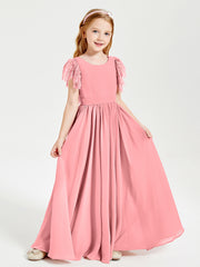 Chiffon Junior Bridesmaid Dresses with Lace Flutter Sleeves Flamingo