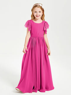 Chiffon Junior Bridesmaid Dresses with Lace Flutter Sleeves Fuchsia