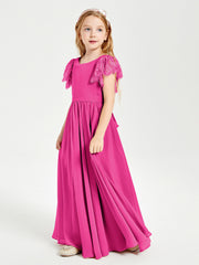 Chiffon Junior Bridesmaid Dresses with Lace Flutter Sleeves Fuchsia
