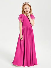 Chiffon Junior Bridesmaid Dresses with Lace Flutter Sleeves Fuchsia