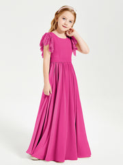 Chiffon Junior Bridesmaid Dresses with Lace Flutter Sleeves Fuchsia