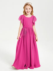 Chiffon Junior Bridesmaid Dresses with Lace Flutter Sleeves Fuchsia