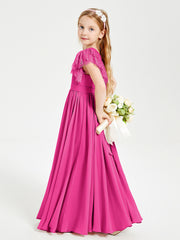 Chiffon Junior Bridesmaid Dresses with Lace Flutter Sleeves Fuchsia
