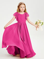 Chiffon Junior Bridesmaid Dresses with Lace Flutter Sleeves Fuchsia