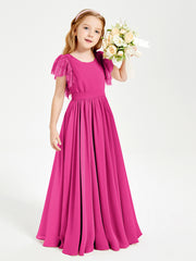 Chiffon Junior Bridesmaid Dresses with Lace Flutter Sleeves Fuchsia