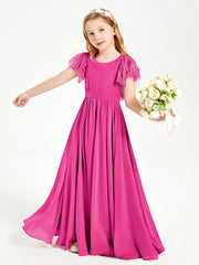 Chiffon Junior Bridesmaid Dresses with Lace Flutter Sleeves Fuchsia
