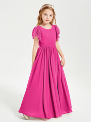 Chiffon Junior Bridesmaid Dresses with Lace Flutter Sleeves Fuchsia