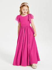Chiffon Junior Bridesmaid Dresses with Lace Flutter Sleeves Fuchsia