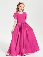 Chiffon Junior Bridesmaid Dresses with Lace Flutter Sleeves Fuchsia