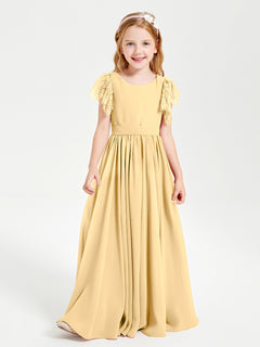 Chiffon Junior Bridesmaid Dresses with Lace Flutter Sleeves Gold