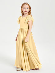 Chiffon Junior Bridesmaid Dresses with Lace Flutter Sleeves Gold