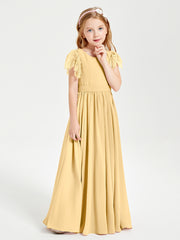 Chiffon Junior Bridesmaid Dresses with Lace Flutter Sleeves Gold