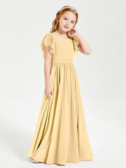 Chiffon Junior Bridesmaid Dresses with Lace Flutter Sleeves Gold