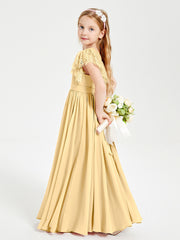 Chiffon Junior Bridesmaid Dresses with Lace Flutter Sleeves Gold