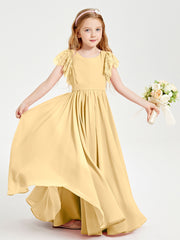 Chiffon Junior Bridesmaid Dresses with Lace Flutter Sleeves Gold