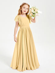 Chiffon Junior Bridesmaid Dresses with Lace Flutter Sleeves Gold