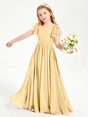 Chiffon Junior Bridesmaid Dresses with Lace Flutter Sleeves Gold