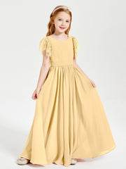 Chiffon Junior Bridesmaid Dresses with Lace Flutter Sleeves Gold
