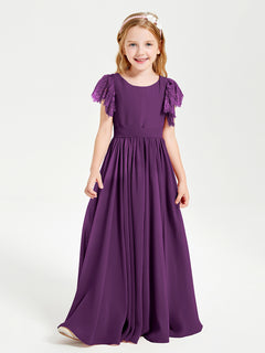 Chiffon Junior Bridesmaid Dresses with Lace Flutter Sleeves Grape