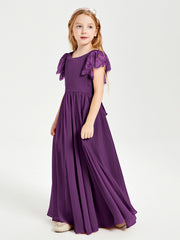 Chiffon Junior Bridesmaid Dresses with Lace Flutter Sleeves Grape