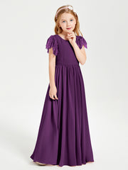Chiffon Junior Bridesmaid Dresses with Lace Flutter Sleeves Grape