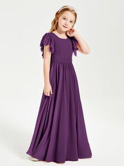 Chiffon Junior Bridesmaid Dresses with Lace Flutter Sleeves Grape