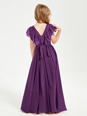 Chiffon Junior Bridesmaid Dresses with Lace Flutter Sleeves Grape