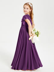 Chiffon Junior Bridesmaid Dresses with Lace Flutter Sleeves Grape