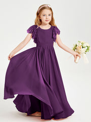 Chiffon Junior Bridesmaid Dresses with Lace Flutter Sleeves Grape