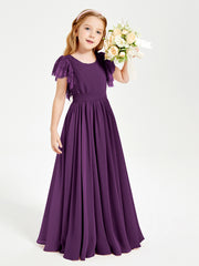 Chiffon Junior Bridesmaid Dresses with Lace Flutter Sleeves Grape
