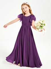 Chiffon Junior Bridesmaid Dresses with Lace Flutter Sleeves Grape