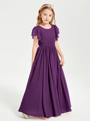 Chiffon Junior Bridesmaid Dresses with Lace Flutter Sleeves Grape