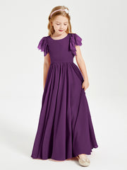 Chiffon Junior Bridesmaid Dresses with Lace Flutter Sleeves Grape