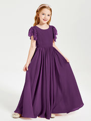 Chiffon Junior Bridesmaid Dresses with Lace Flutter Sleeves Grape